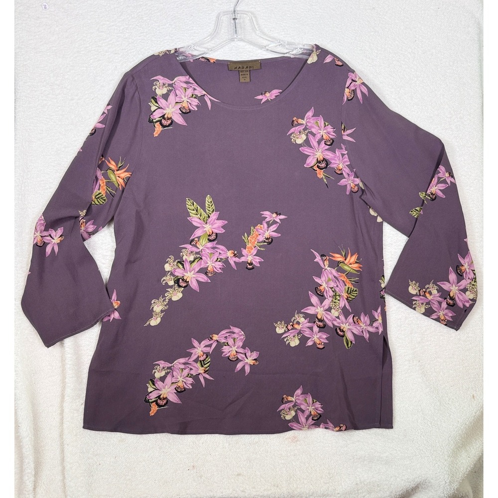Harari 100%‎ Silk Blouse Purple Tropical Orchid Floral Print 3/4 Sleeve M